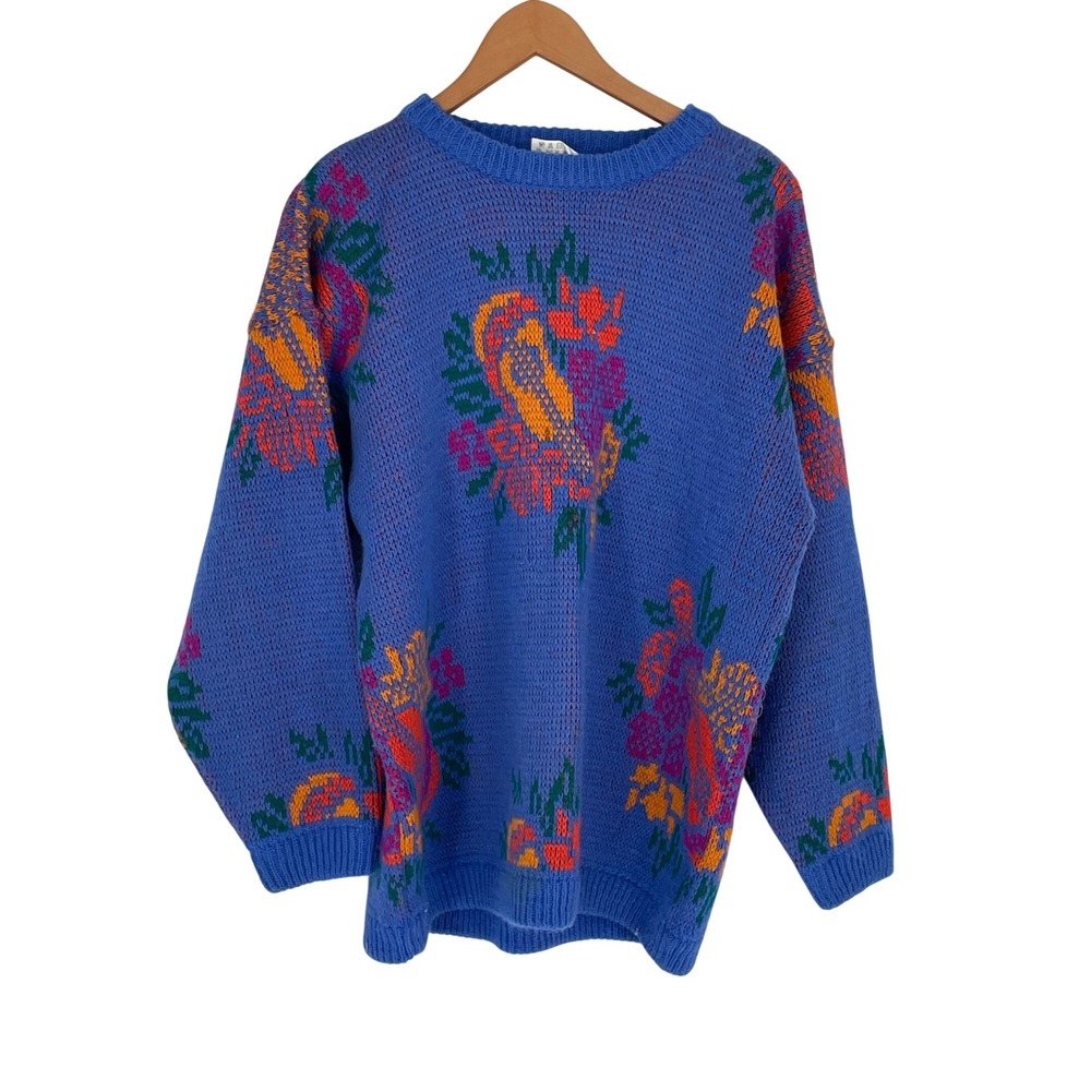 VTG Esprit Sport Women XL 80s Teal Wool Blend Sweater Floral Pattern Jewel Tone